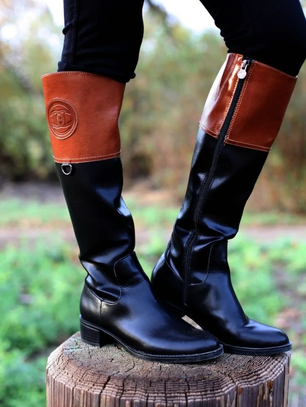 Eitienne Aigner Chastity Two Tone Leather Riding Boots Brown Black Sz 9